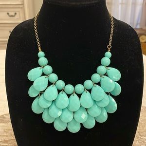Vintage Blue Turquoise Beaded Bib Pendant Collar Statement Necklace Gold Tone